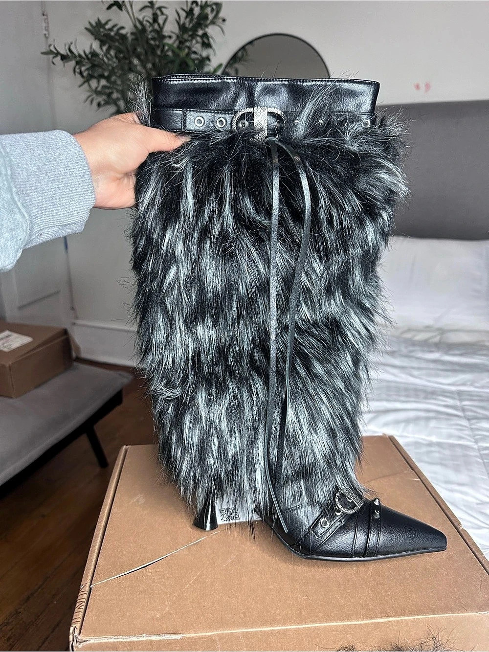 Black & Gray Fur Heeled Boots